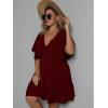 imageFloerns Womens Plus Size Solid Wrap V Neck Short Sleeve Ruffle A Line DressMaroon