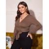 imageFloerns Womens Plus Size V Neck Long Sleeve Wrap Knot Front T Shirt Crop TopMocha Brown
