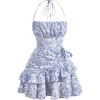 imageFloerns Womens Floral Print Sleeveless Halter Tie Back Layered Hem Cami Mini DressBlue and White