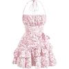 imageFloerns Womens Floral Print Sleeveless Halter Tie Back Layered Hem Cami Mini DressPink and White