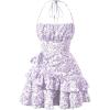 imageFloerns Womens Floral Print Sleeveless Halter Tie Back Layered Hem Cami Mini DressPurple