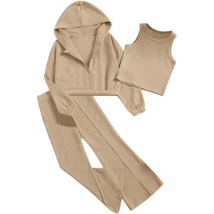 imageFloerns Girls Long Sleeve Hoodie Tank Split Flare Pants Set Three Piece OutfitKhaki