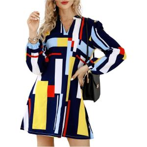 imageFloerns Womens 70s Disco Lantern Long Sleeve Geometric Fall Shift Dress 60s OutfitsA Multi