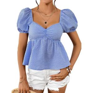 imageFloerns Womens Allover Floral Print Sweetheart Neck Puff Sleeve Peplum Blouse TopBlue Gingham