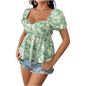 imageFloerns Womens Allover Floral Print Sweetheart Neck Puff Sleeve Peplum Blouse TopGreen