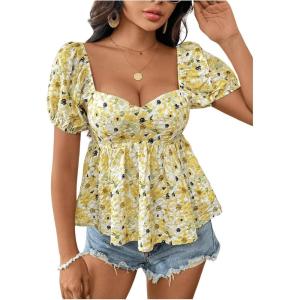 imageFloerns Womens Allover Floral Print Sweetheart Neck Puff Sleeve Peplum Blouse TopYellow