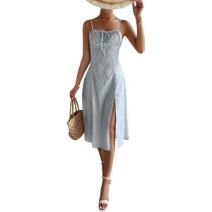 imageFloerns Womens Floral Print Self Tie Front Ruched Bust Split Thigh Midi DressBlue Floral