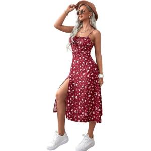 imageFloerns Womens Floral Print Self Tie Front Ruched Bust Split Thigh Midi DressBurgundy