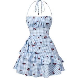 imageFloerns Womens Floral Print Sleeveless Halter Tie Back Layered Hem Cami Mini DressBlue