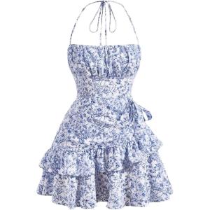 imageFloerns Womens Floral Print Sleeveless Halter Tie Back Layered Hem Cami Mini DressBlue and White