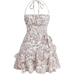 imageFloerns Womens Floral Print Sleeveless Halter Tie Back Layered Hem Cami Mini DressBrown