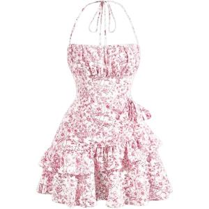 imageFloerns Womens Floral Print Sleeveless Halter Tie Back Layered Hem Cami Mini DressPink and White