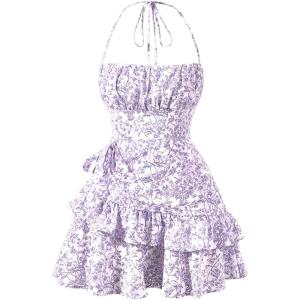 imageFloerns Womens Floral Print Sleeveless Halter Tie Back Layered Hem Cami Mini DressPurple