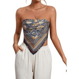 imageFloerns Womens Graphic Print Tie Back Strapless Bandana Tube TopDark Blue