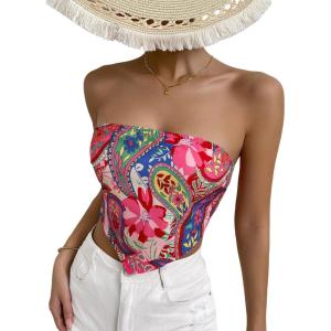 imageFloerns Womens Graphic Print Tie Back Strapless Bandana Tube TopRed Floral