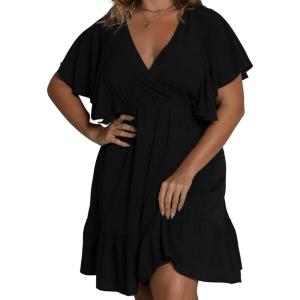 imageFloerns Womens Plus Size Solid Wrap V Neck Short Sleeve Ruffle A Line DressBlack Ink
