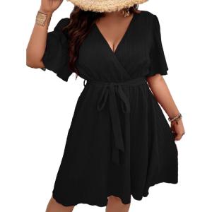 imageFloerns Womens Plus Size Solid Wrap V Neck Short Sleeve Ruffle A Line DressBlack Solid