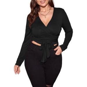 imageFloerns Womens Plus Size V Neck Long Sleeve Wrap Knot Front T Shirt Crop TopBlack
