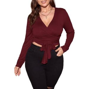 imageFloerns Womens Plus Size V Neck Long Sleeve Wrap Knot Front T Shirt Crop TopBurgundy