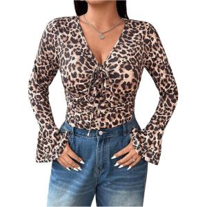 imageFloerns Womens Plus Size V Neck Long Sleeve Wrap Knot Front T Shirt Crop TopLeopard