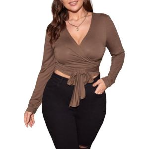 imageFloerns Womens Plus Size V Neck Long Sleeve Wrap Knot Front T Shirt Crop TopMocha Brown