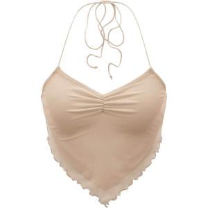imageFloerns Womens Ruched Sleeveless Halter Neck Tie Back Hanky Hem Crop Cami TopApricot