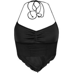 imageFloerns Womens Ruched Sleeveless Halter Neck Tie Back Hanky Hem Crop Cami TopBlack