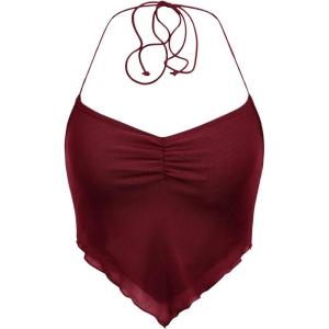 imageFloerns Womens Ruched Sleeveless Halter Neck Tie Back Hanky Hem Crop Cami TopBurgundy