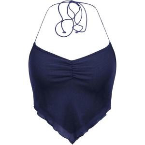 imageFloerns Womens Ruched Sleeveless Halter Neck Tie Back Hanky Hem Crop Cami TopDark Blue