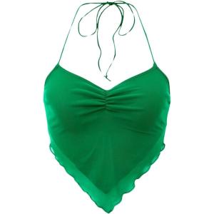 imageFloerns Womens Ruched Sleeveless Halter Neck Tie Back Hanky Hem Crop Cami TopGreen