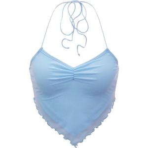 imageFloerns Womens Ruched Sleeveless Halter Neck Tie Back Hanky Hem Crop Cami TopLight Blue