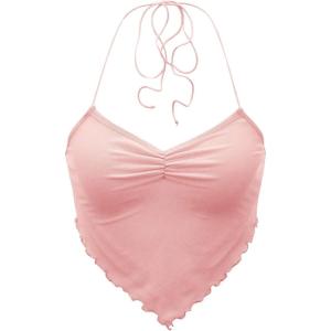 imageFloerns Womens Ruched Sleeveless Halter Neck Tie Back Hanky Hem Crop Cami TopLight Pink