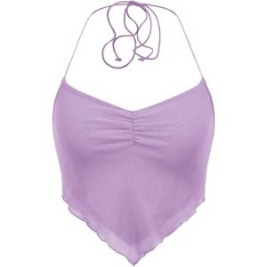 imageFloerns Womens Ruched Sleeveless Halter Neck Tie Back Hanky Hem Crop Cami TopLilac Purple