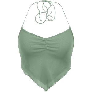 imageFloerns Womens Ruched Sleeveless Halter Neck Tie Back Hanky Hem Crop Cami TopMint Green
