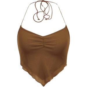 imageFloerns Womens Ruched Sleeveless Halter Neck Tie Back Hanky Hem Crop Cami TopMocha Brown