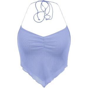 imageFloerns Womens Ruched Sleeveless Halter Neck Tie Back Hanky Hem Crop Cami TopPastel Blue