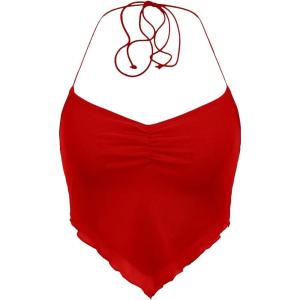 imageFloerns Womens Ruched Sleeveless Halter Neck Tie Back Hanky Hem Crop Cami TopRed