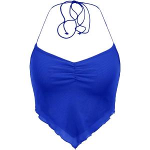 imageFloerns Womens Ruched Sleeveless Halter Neck Tie Back Hanky Hem Crop Cami TopRoyal Blue