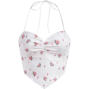 imageFloerns Womens Ruched Sleeveless Halter Neck Tie Back Hanky Hem Crop Cami TopWhite Floral