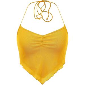 imageFloerns Womens Ruched Sleeveless Halter Neck Tie Back Hanky Hem Crop Cami TopYellow