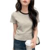 imageFloerns Womens Basic Mock Neck Short Sleeve Solid Rib Knit Tops Tee ShirtsBlack and White