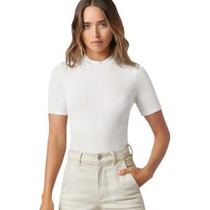 imageFloerns Womens Basic Mock Neck Short Sleeve Solid Rib Knit Tops Tee ShirtsA White
