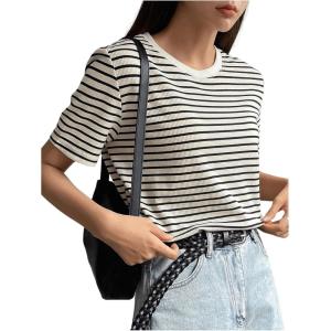 imageFloerns Womens Basic Mock Neck Short Sleeve Solid Rib Knit Tops Tee ShirtsBlack White Striped