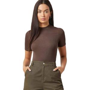 imageFloerns Womens Basic Mock Neck Short Sleeve Solid Rib Knit Tops Tee ShirtsChocolate Brown