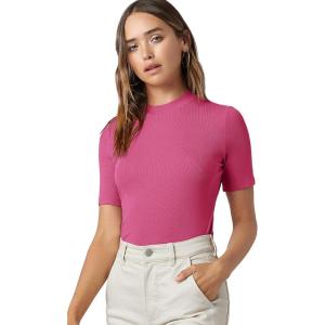 imageFloerns Womens Basic Mock Neck Short Sleeve Solid Rib Knit Tops Tee ShirtsPink