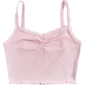 imageFloerns Womens Contrast Lace Spaghetti Strap Ruched Rib Knit Cami Crop TopA Pink