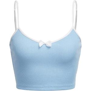 imageFloerns Womens Contrast Lace Spaghetti Strap Ruched Rib Knit Cami Crop TopBlue Solid