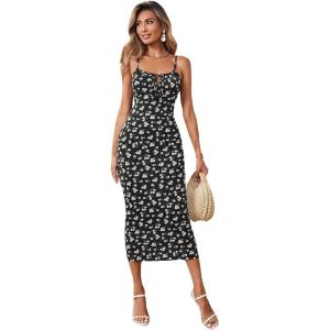 imageFloerns Womens Floral Print Drawstring Front Sleeveless Cami Midi DressBlack