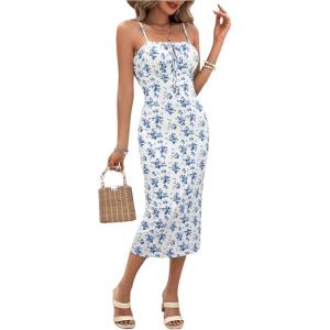 imageFloerns Womens Floral Print Drawstring Front Sleeveless Cami Midi DressBlue White Ivory