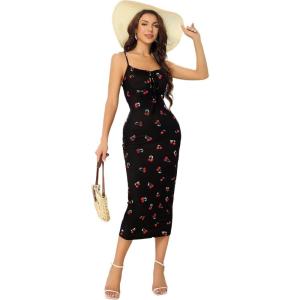 imageFloerns Womens Floral Print Drawstring Front Sleeveless Cami Midi DressCherry Black